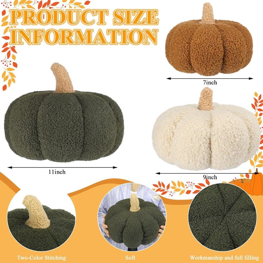 Fall Pumpkin Throw Pillows 3-Pack - Cozy 3D Design for Halloween & Thanksgiving - Picture 2 of 6